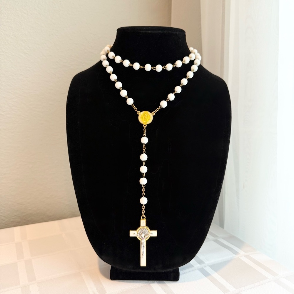 Saint Benedict White and Gold Prayer Rosary